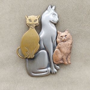 Vintage Cat Brooch Pin Mixed Metals 3 Cats Silver Copper Brass 1980's